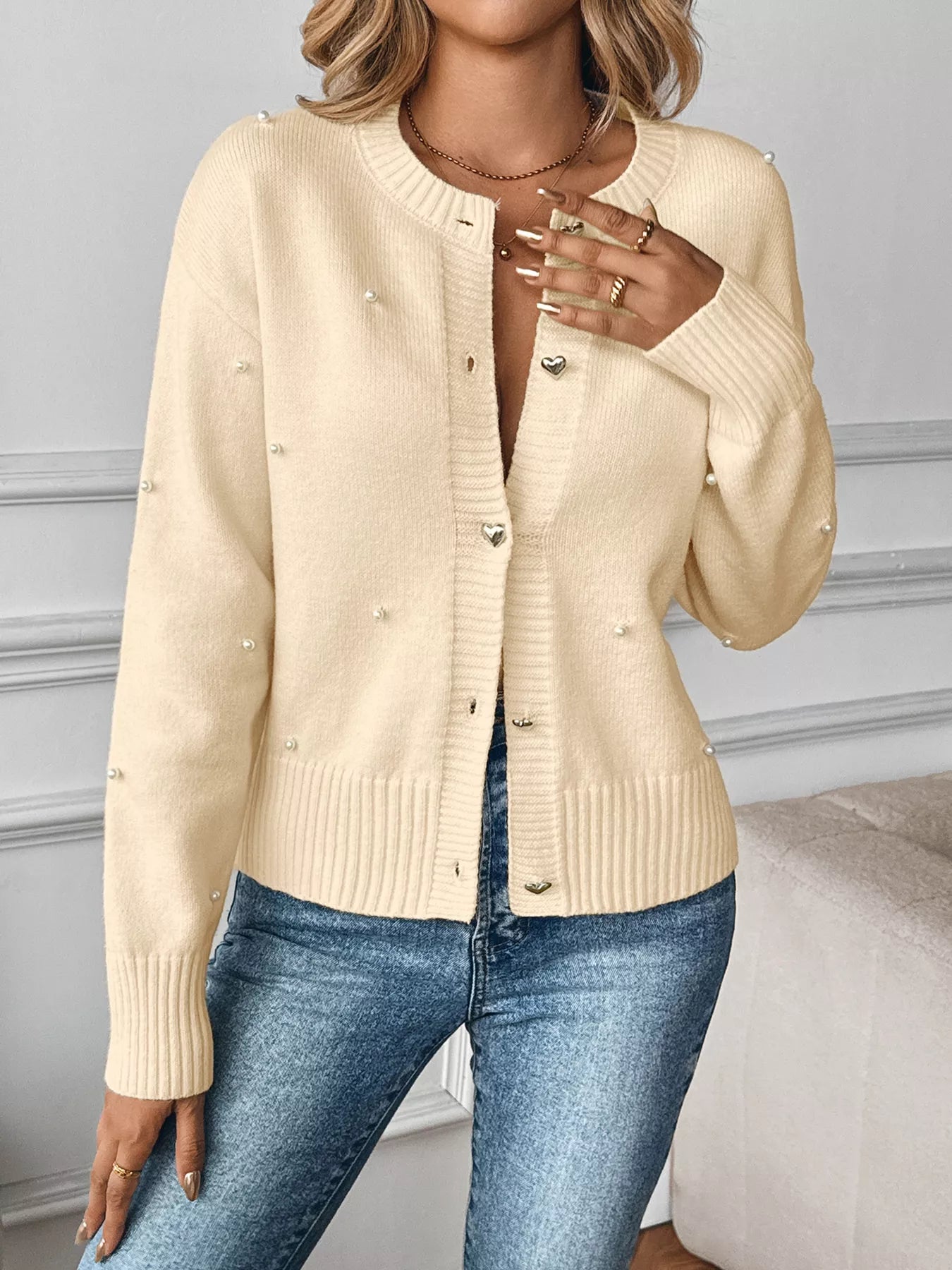 Pearl Embellished Button-Up Cardigan OutfitFlow