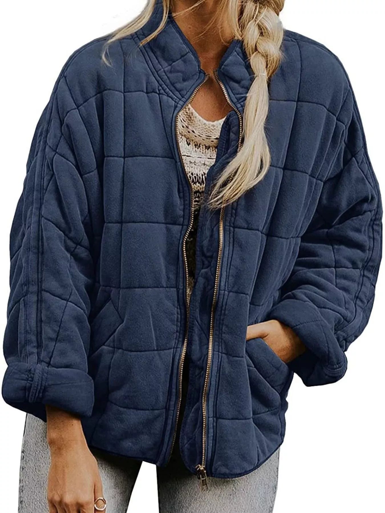 Quilted Zip Up Outerwear Navy Blue Trendsi