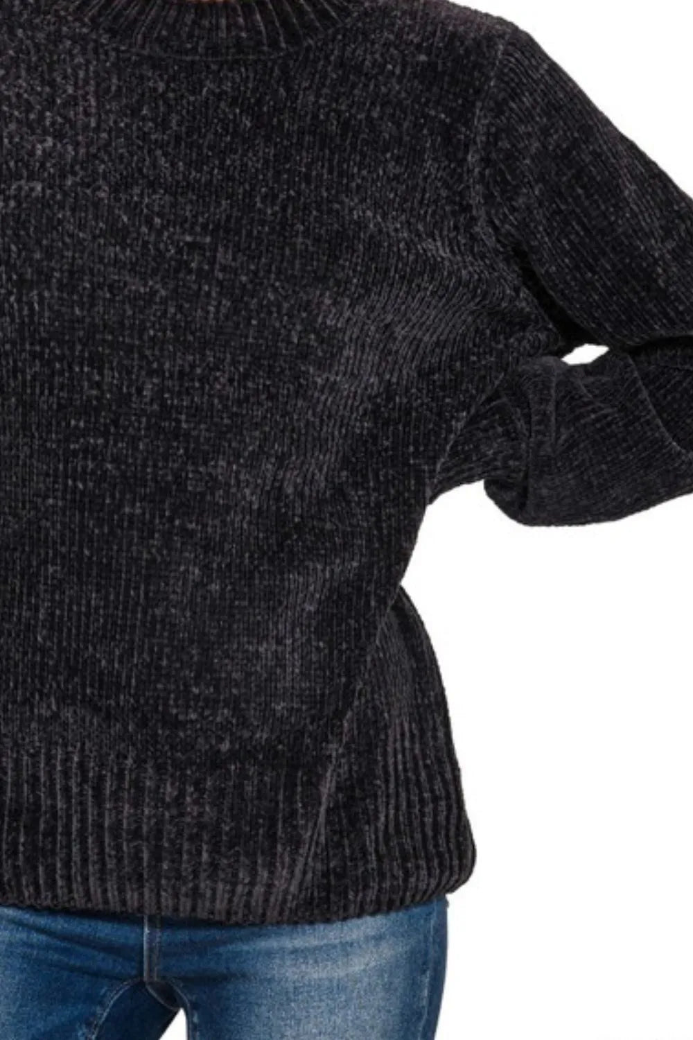 Zenana Round Neck Balloon Sleeve Chenille Sweater OutfitFlow