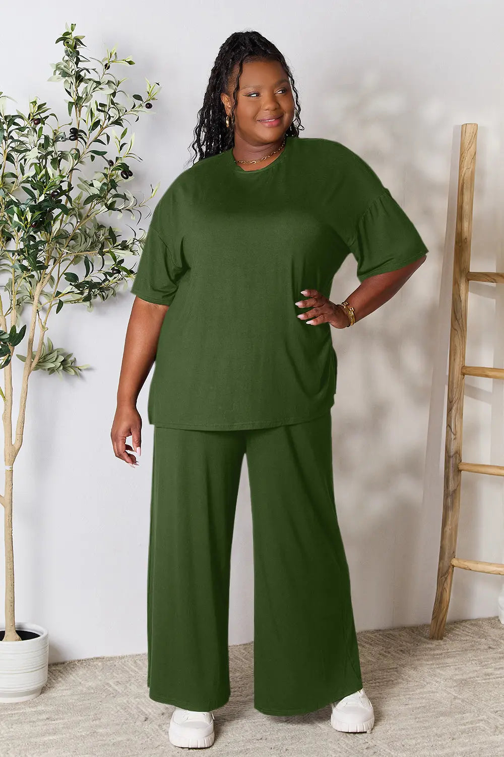 Double Take Full Size Round Neck Slit Top and Pants Set OutfitFlow