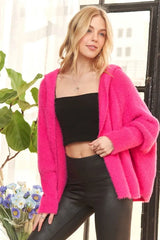 ADORA Soft Fuzzy Sweater Hoodie Cardigan HOT PINK OutfitFlow