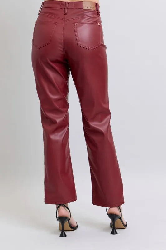 Judy Blue Full Size High Waist Tummy Control Faux Leather Straight Pants Plus Size OutfitFlow