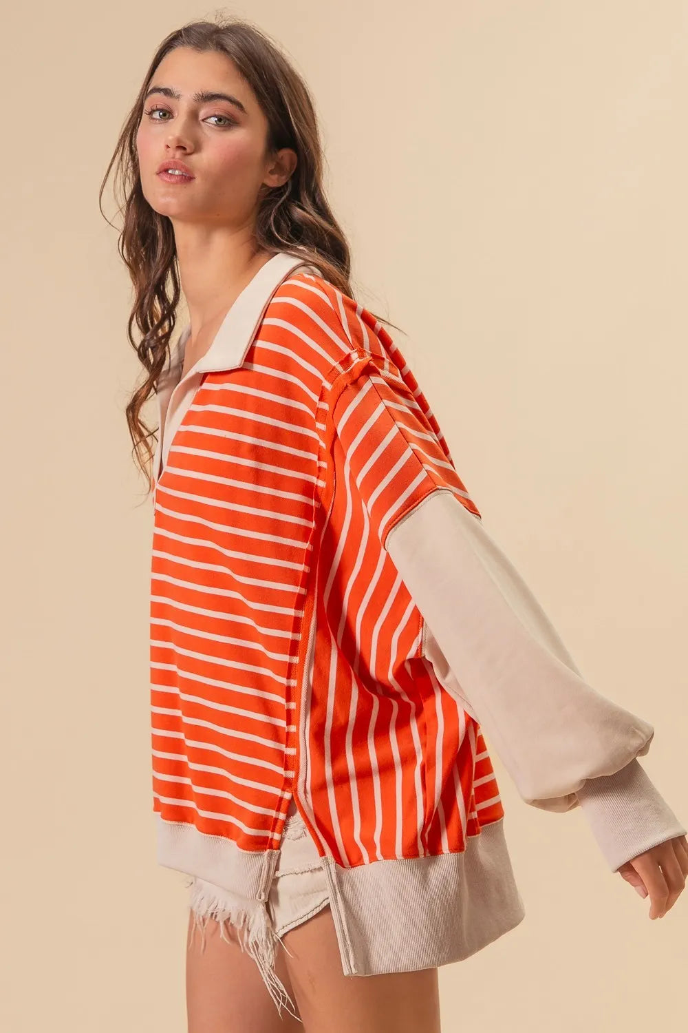 BiBi Stripe Knit Loose Fit Top With Cut Edge Detail OutfitFlow