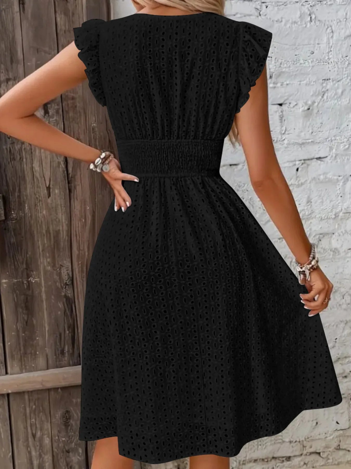 Eyelet Ruffled Cap Sleeve Mini Dress OutfitFlow