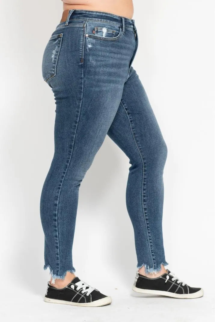 Judy Blue Plus Size High Waist Skinny with Destroy & Shark Bit Hem OutfitFlow