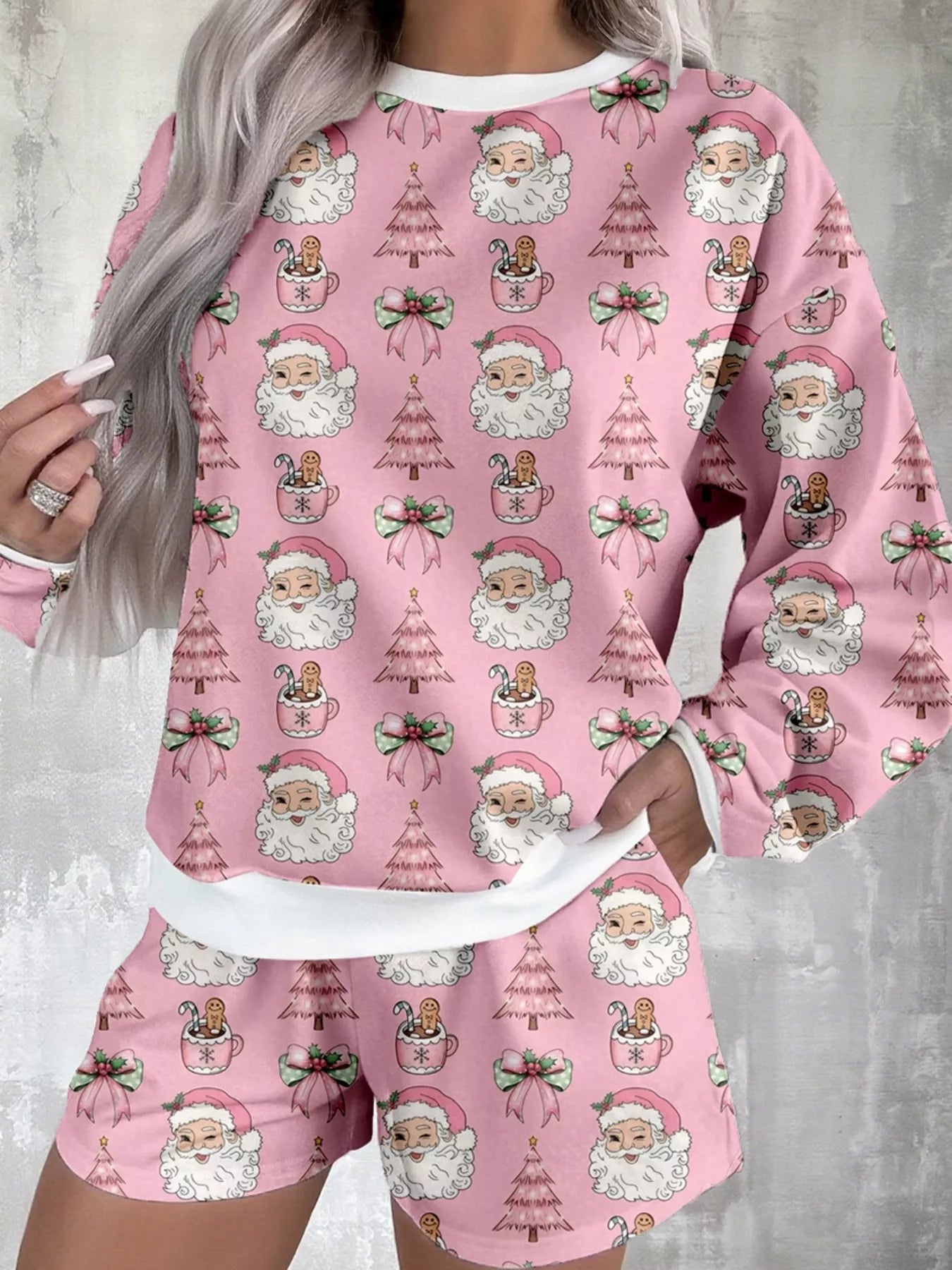 Christmas Santa Print Round Neck Top and Shorts Lounge Set OutfitFlow