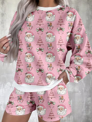 Christmas Santa Print Round Neck Top and Shorts Lounge Set OutfitFlow