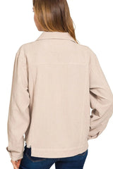 Zenana Distressed Corduroy Frayed Hem Cropped Jacket OutfitFlow