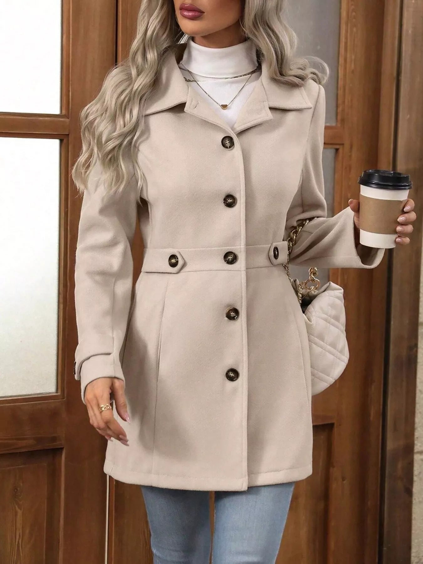 Button Up Long Sleeve Coat OutfitFlow