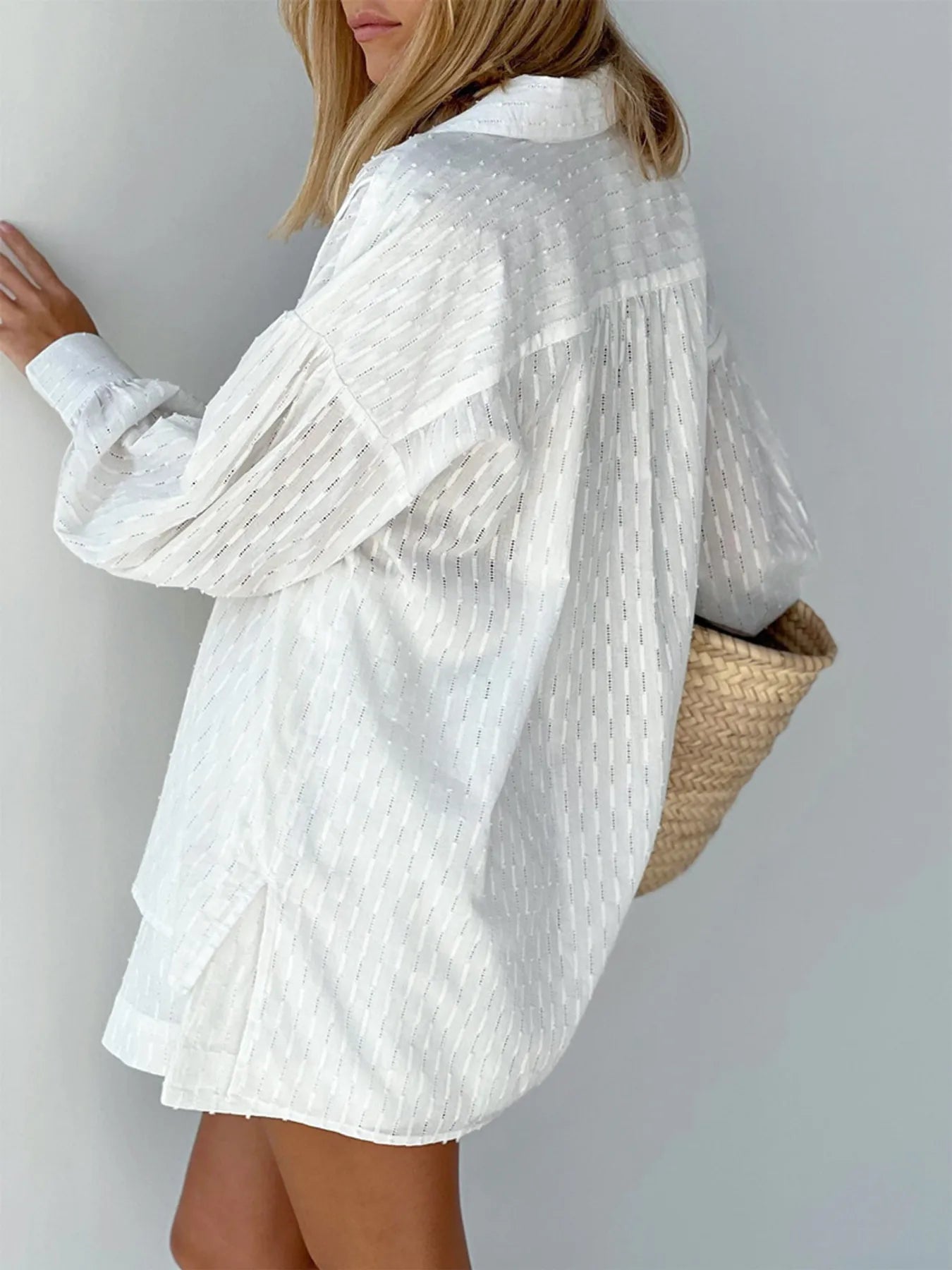 Textured Button-Up Shirt and Shorts Set OutfitFlow