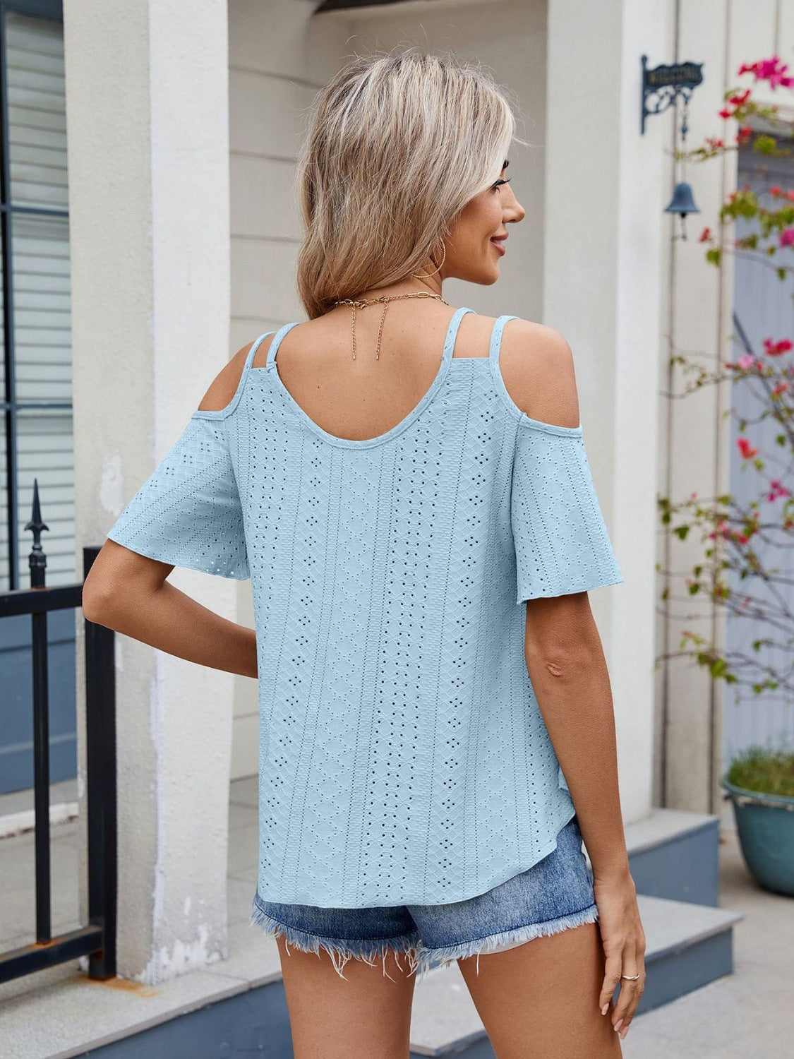 Florira Round Neck Cold Shoulder Eyelet T-Shirt OutfitFlow