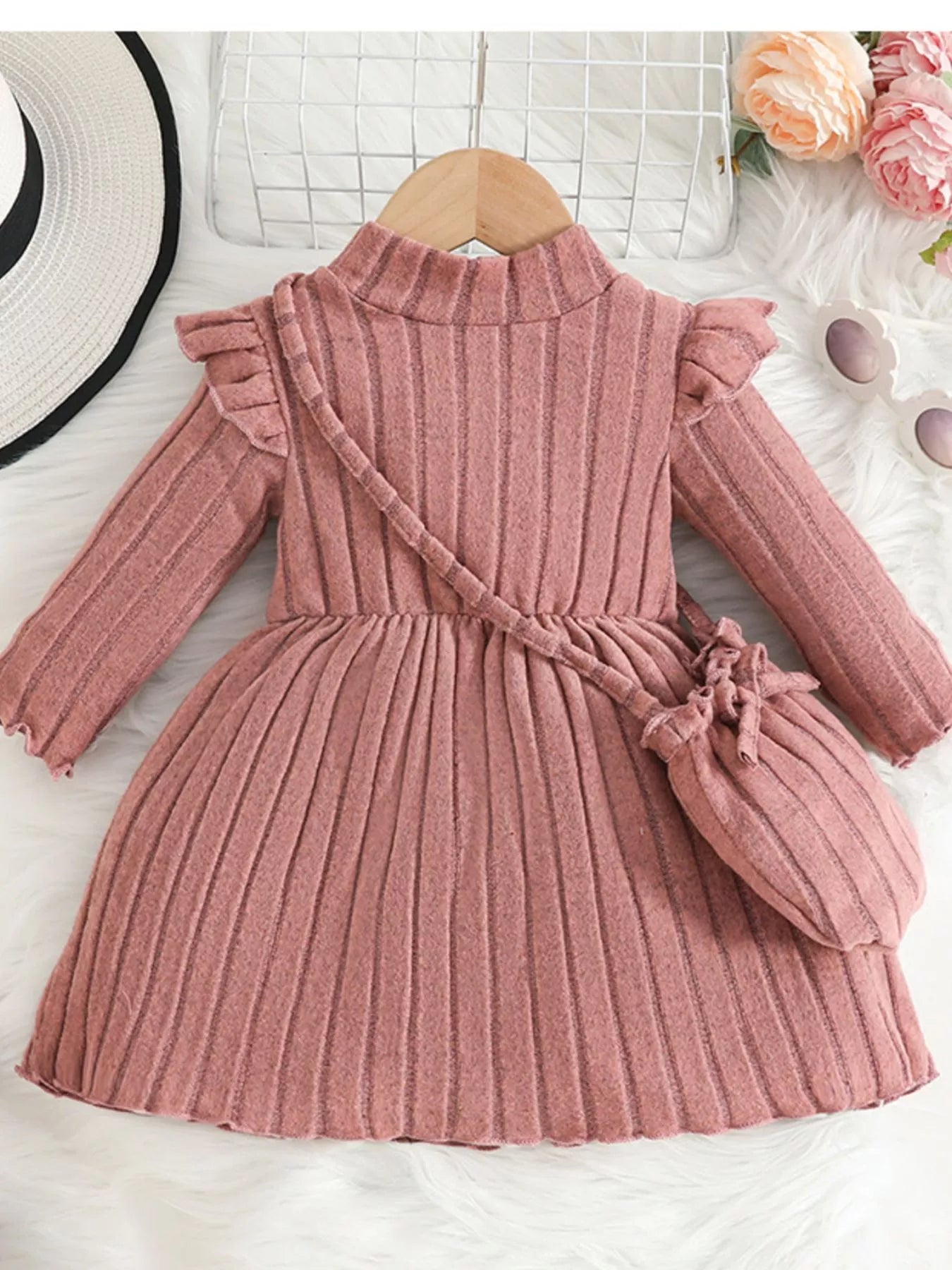 Children's Ribbed Knit Ruffle Trim Dress with Bag Trendsi