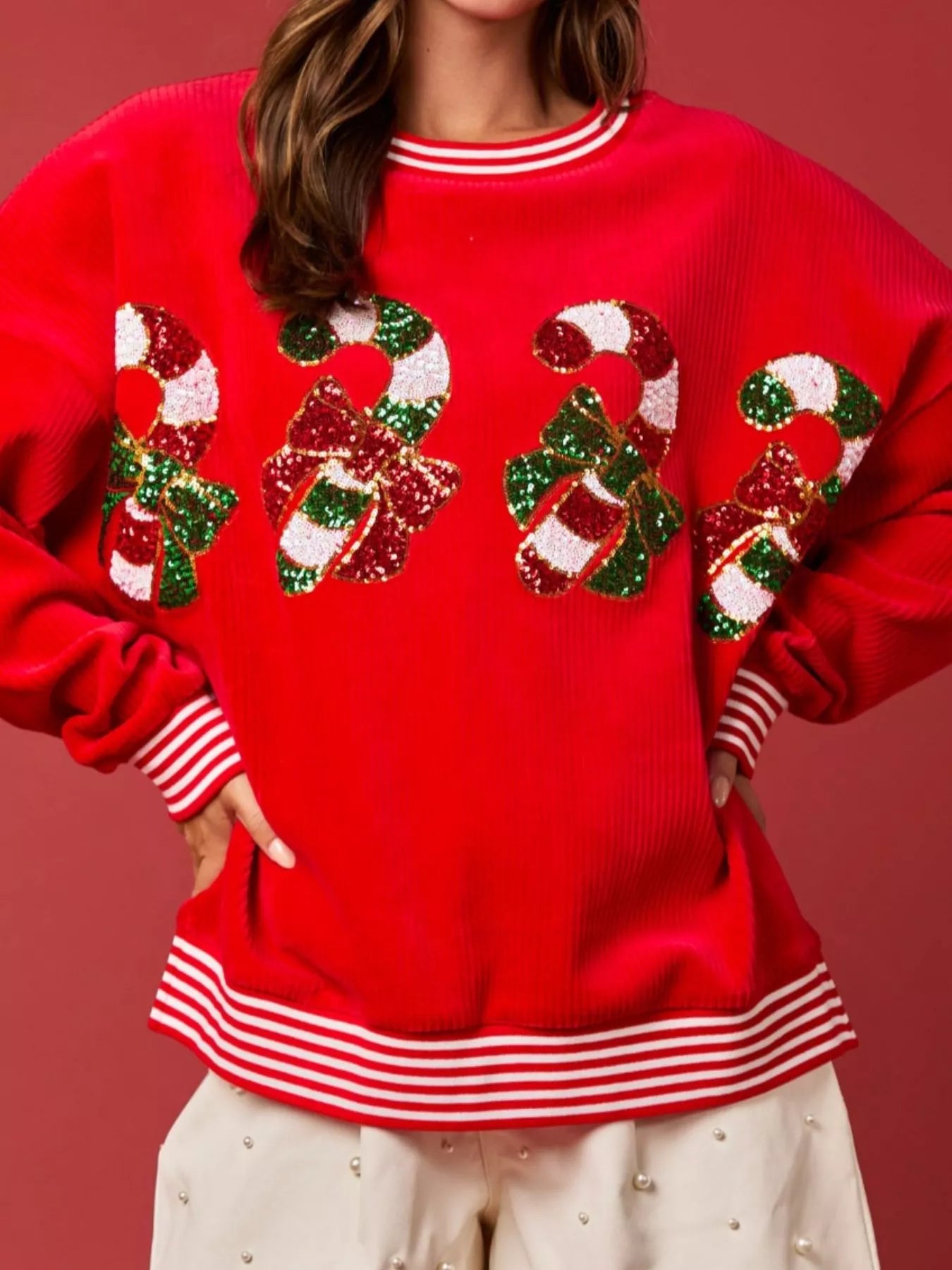 Christmas Sequin Candy Cane and Santa Sweatshirt with Striped Hem OutfitFlow