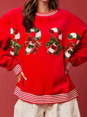 Christmas Sequin Candy Cane and Santa Sweatshirt with Striped Hem OutfitFlow