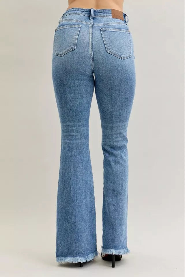 Judy Blue High Waist Flare Fray Hem Jeans with Front Pintuck Detail OutfitFlow