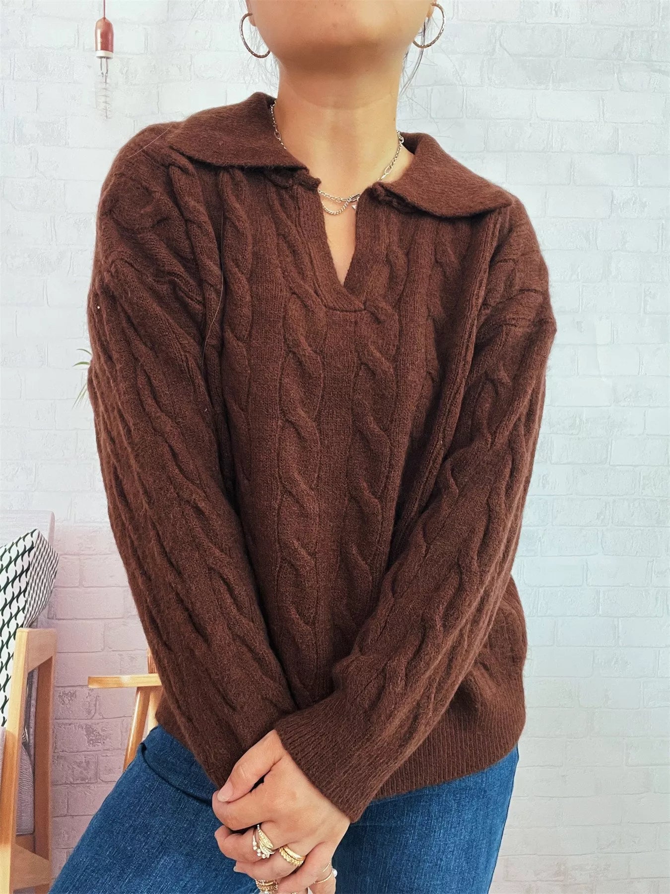 Cable Knit Johnny Collar Sweater Brown One Size Trendsi
