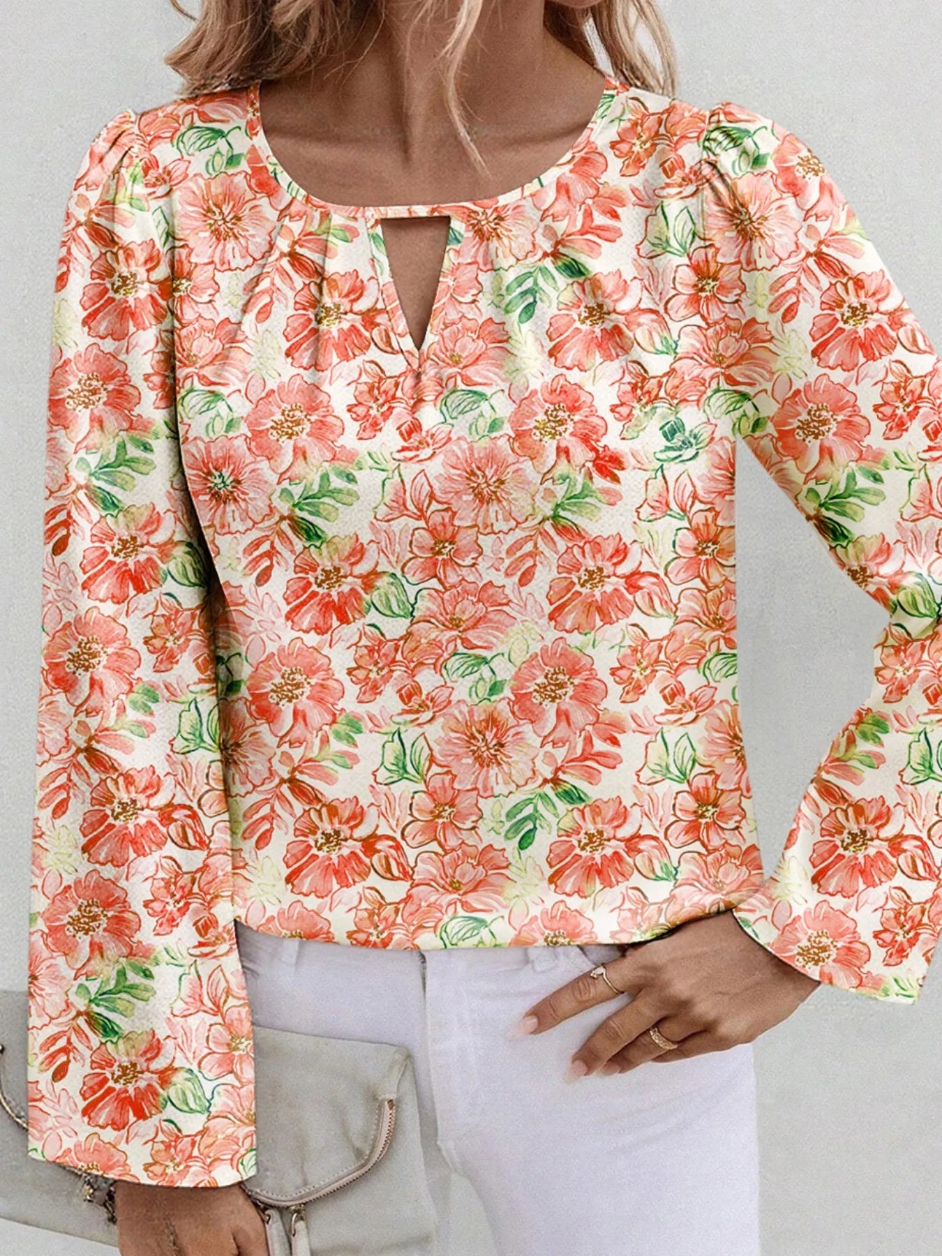 Floral Print Keyhole Neck Blouse Sherbet OutfitFlow