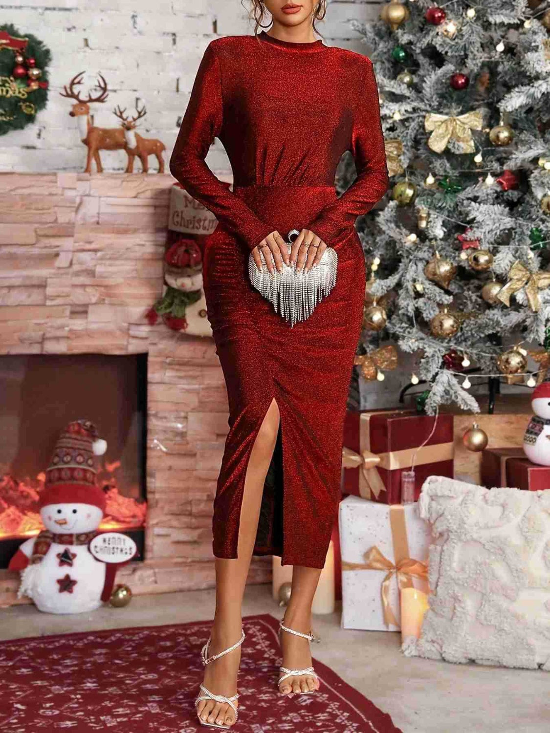 Outfit Flow - Slit Ruched Mock Neck Long Sleeve Dress