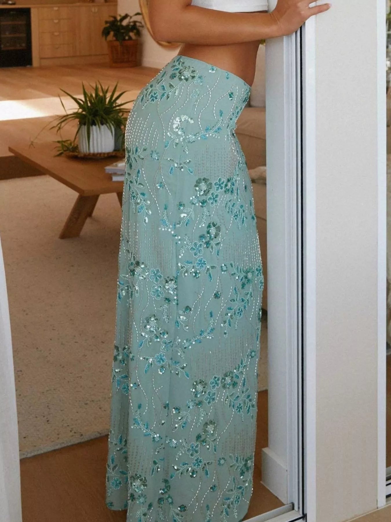 Embroidered Sequin Maxi Skirt OutfitFlow