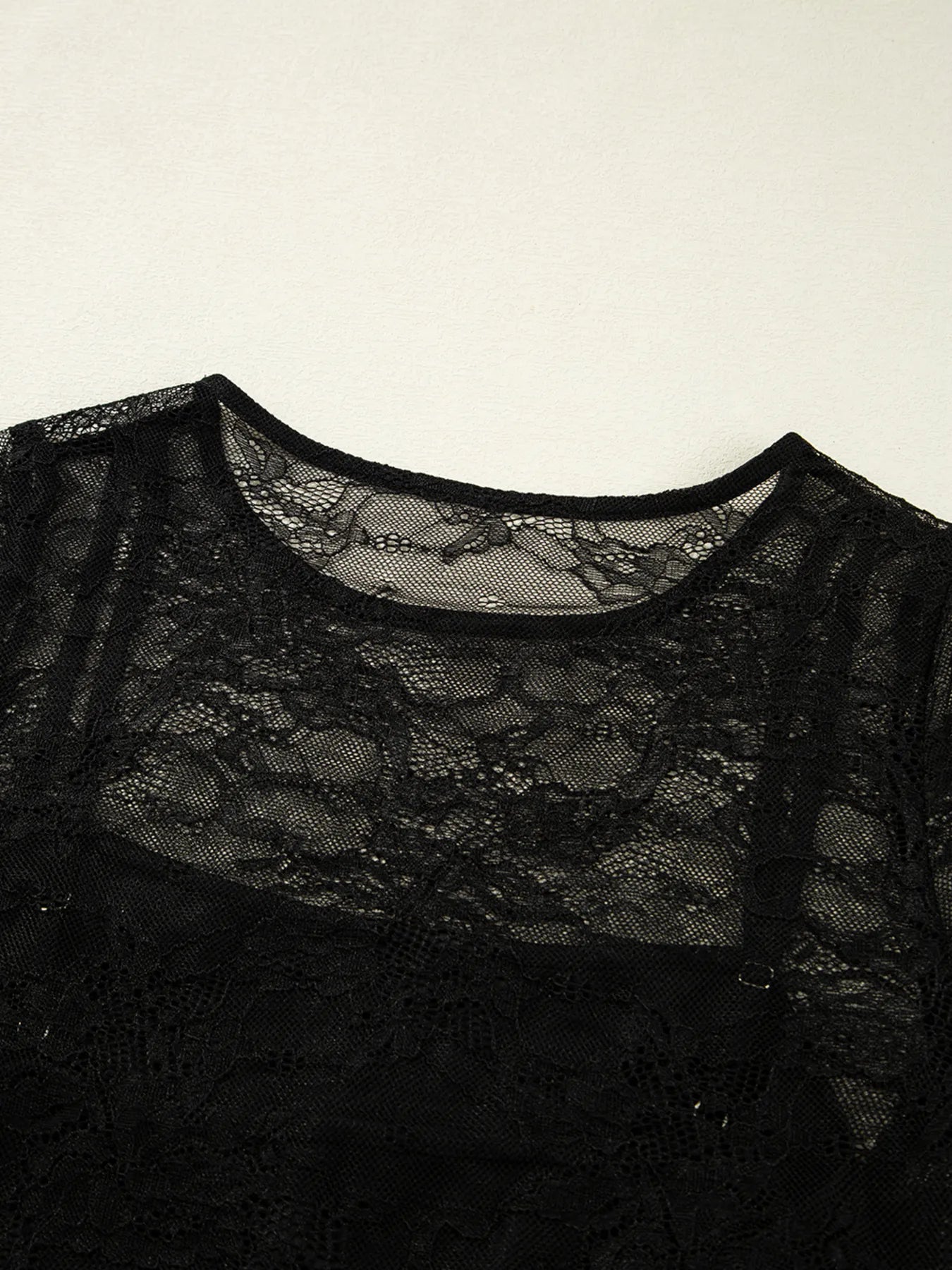 Lace Crochet Mesh Patched Slim Fit Long Sleeve Top OutfitFlow
