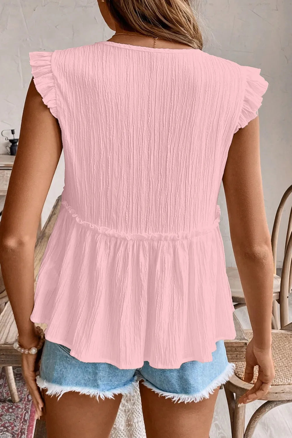 Ruffled Trim V Neck Flutter Flowy Top OutfitFlow