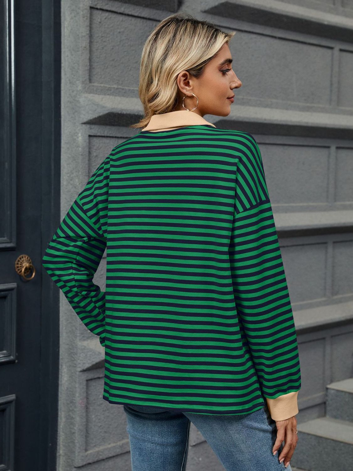 Outfit Flow - Striped Johnny Collar Long Sleeve Sweatshirt