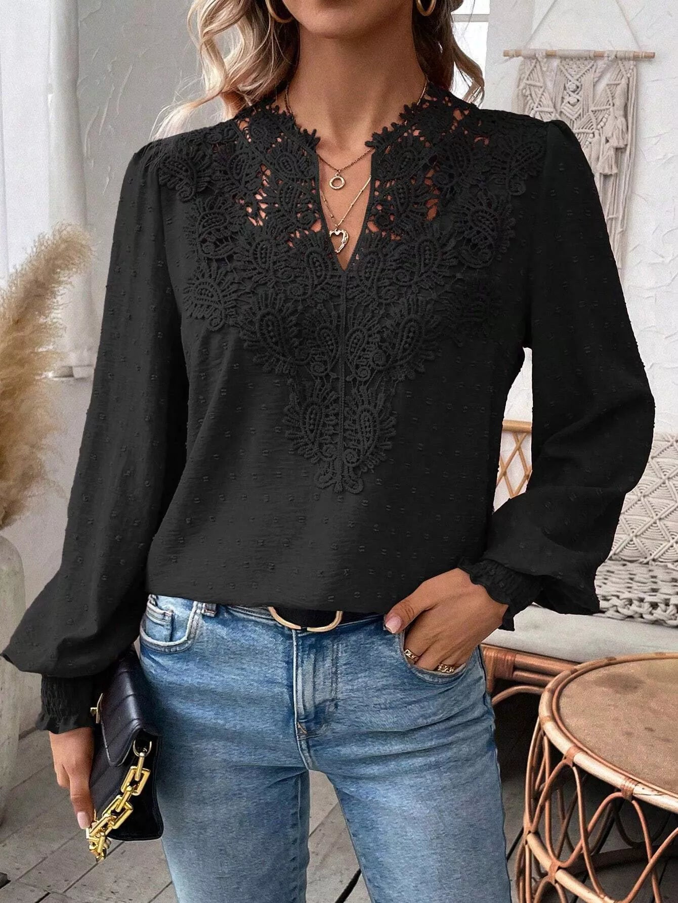 Swiss Dot Lace Detail Long Sleeve Blouse Black OutfitFlow