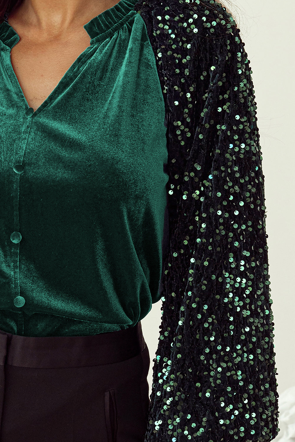 Outfit Flow - Sequin Notched Long Sleeve Blouse