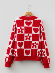 Floral Heart Checkered V-Neck Sweater OutfitFlow
