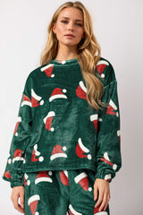 Outfit Flow - Christmas Hat Pattern Round Neck Long Sleeve Top and Pants Set