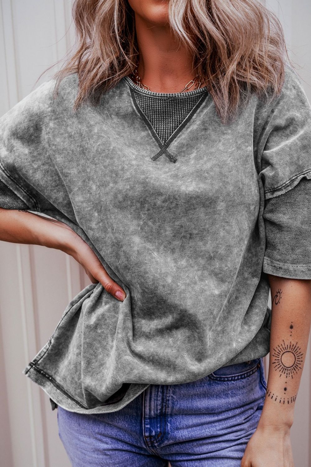 Mineral Wash Drop Shoulder Round Neck T-Shirt OutfitFlow