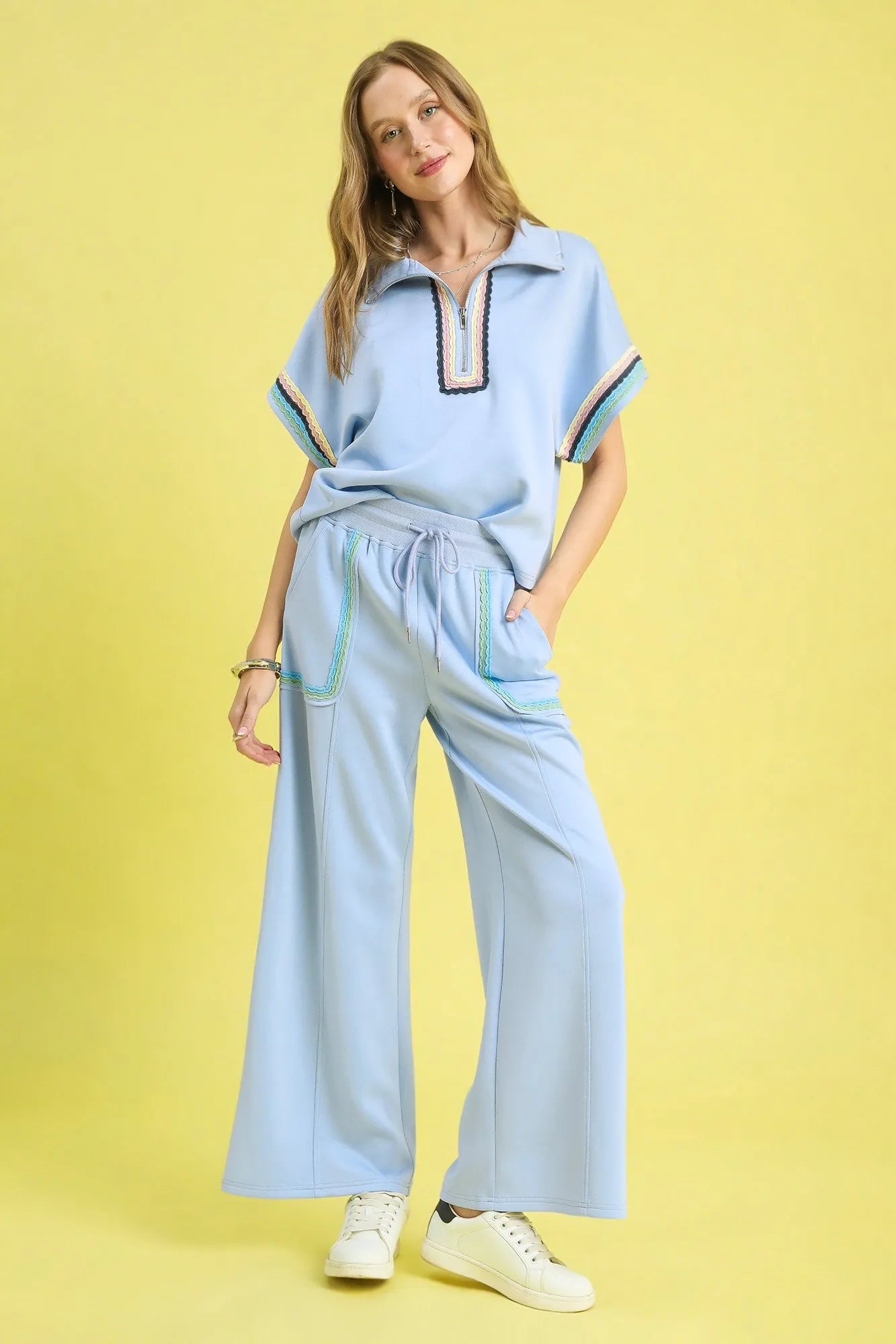 Umgee Drawstring Wide Leg Pants with Scallop Trim Detail OutfitFlow