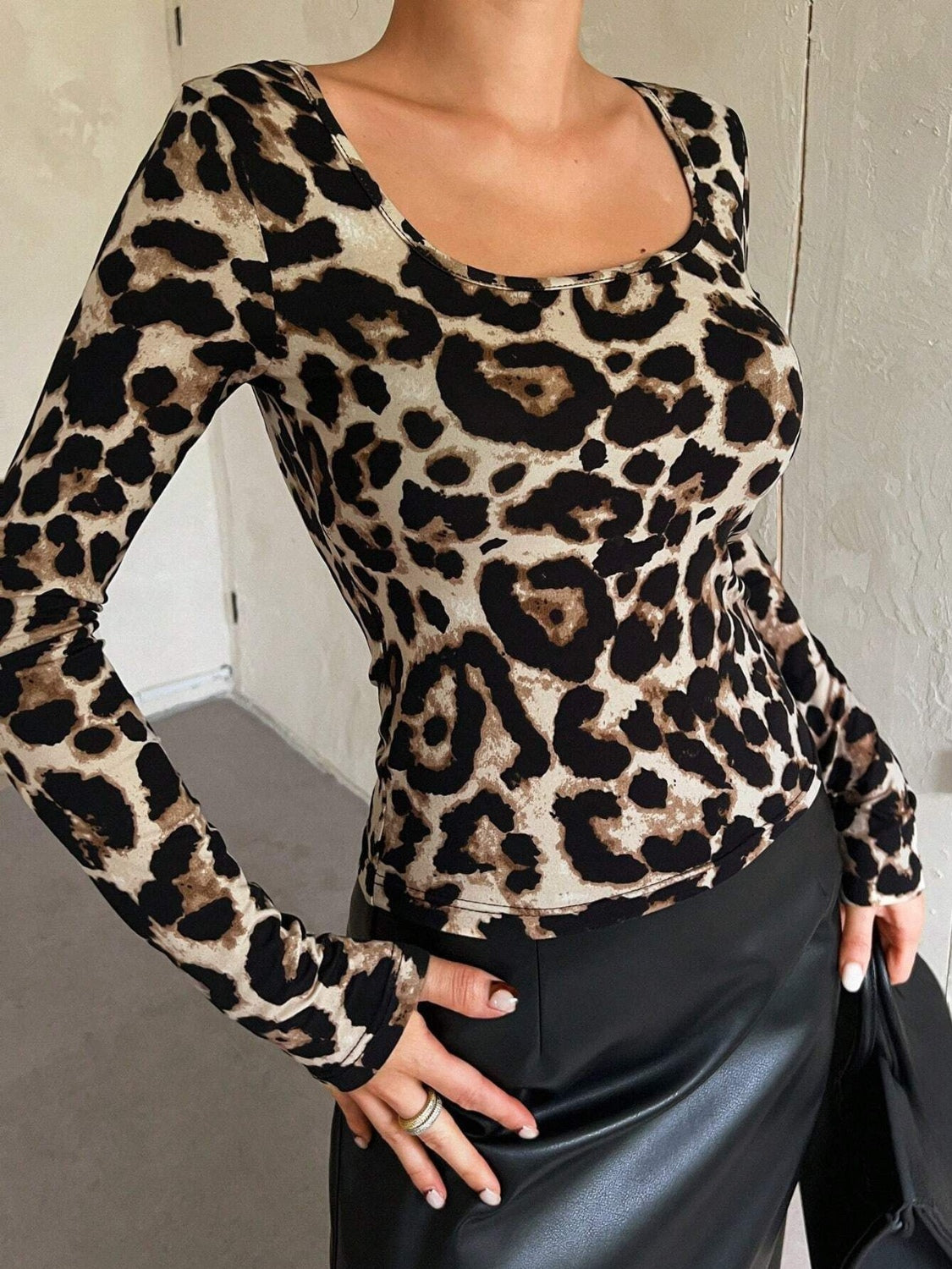 Leopard Scoop Neck Long Sleeve T-Shirt