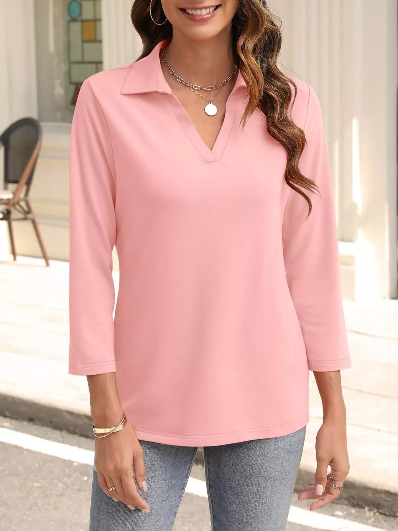 Johnny Collar Solid Color Top Dusty Pink OutfitFlow