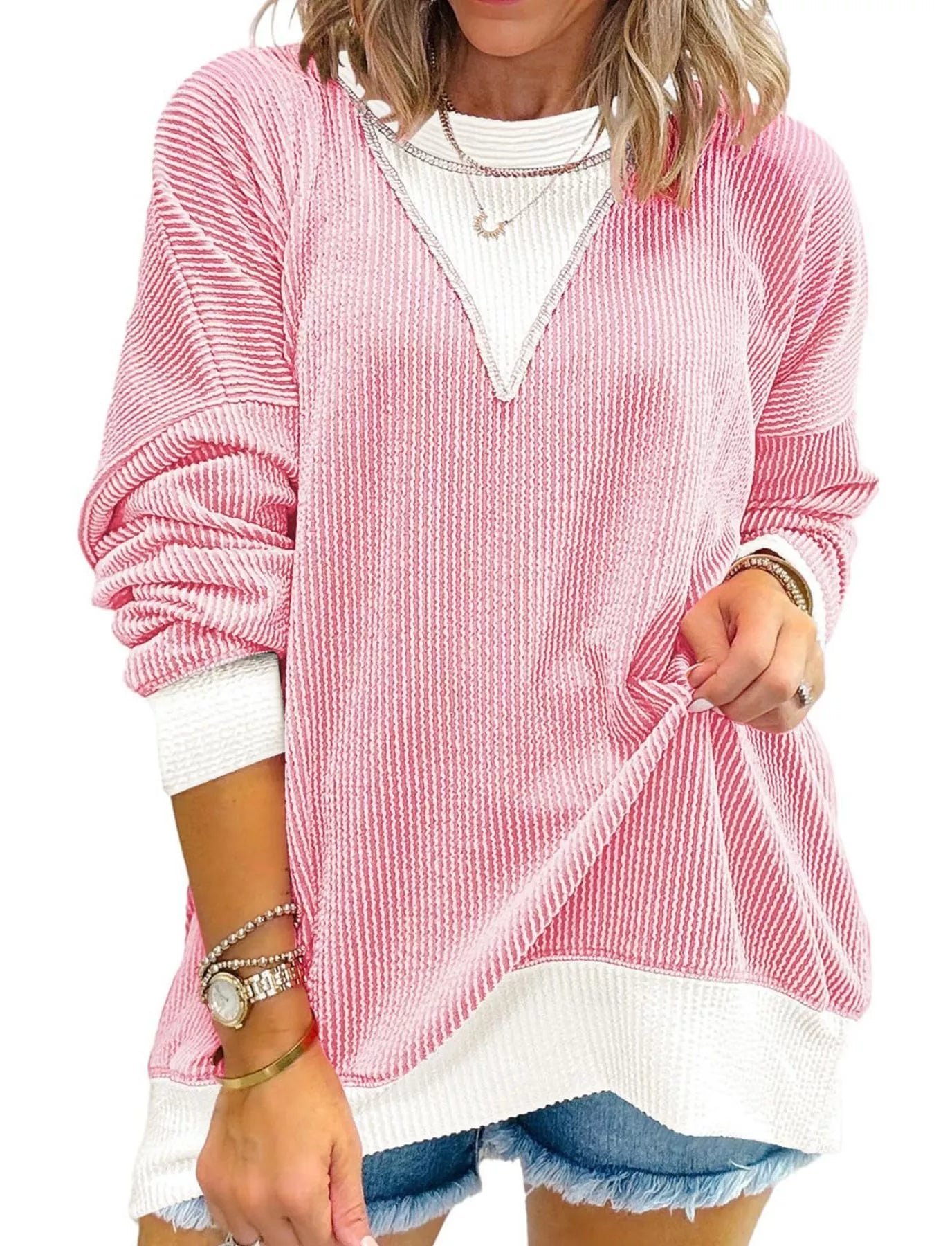 Contrast Dropped Shoulder Sweatshirt Blush Pink OutfitFlow