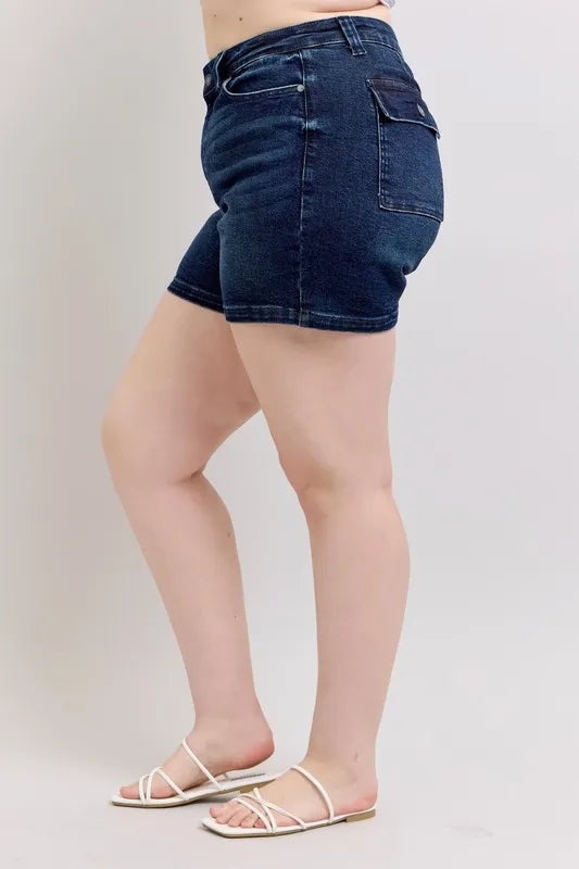 Judy Blue Full Size High Waist Back Flap Pocket Denim Shorts Plus Size OutfitFlow
