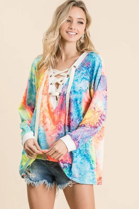 BiBi Tie Dye Deep V-neck Top With Lace Up Front Trendsi