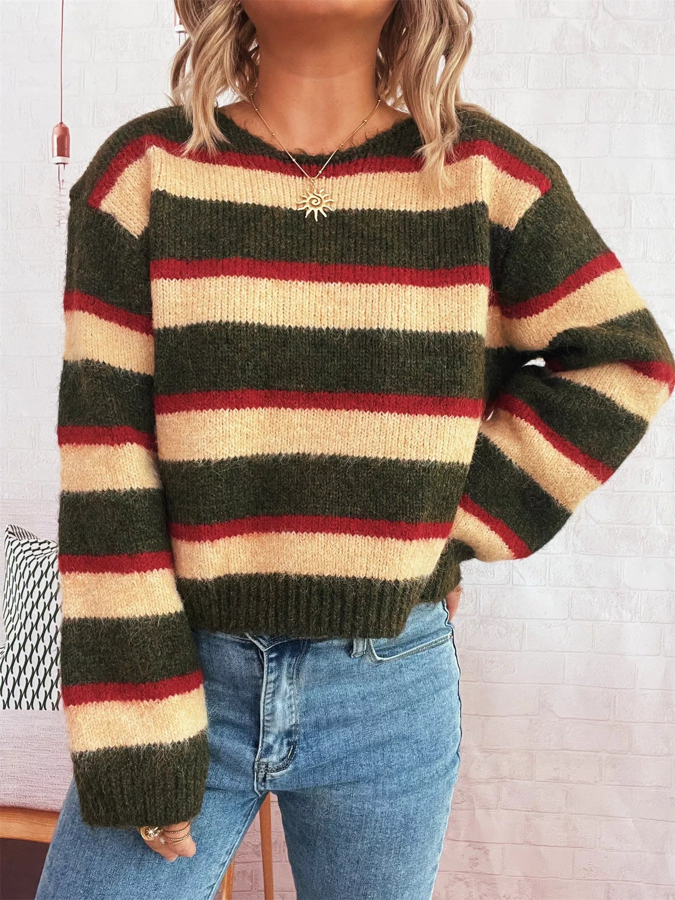 Striped Round Neck Long Sleeve Sweater OutfitFlow
