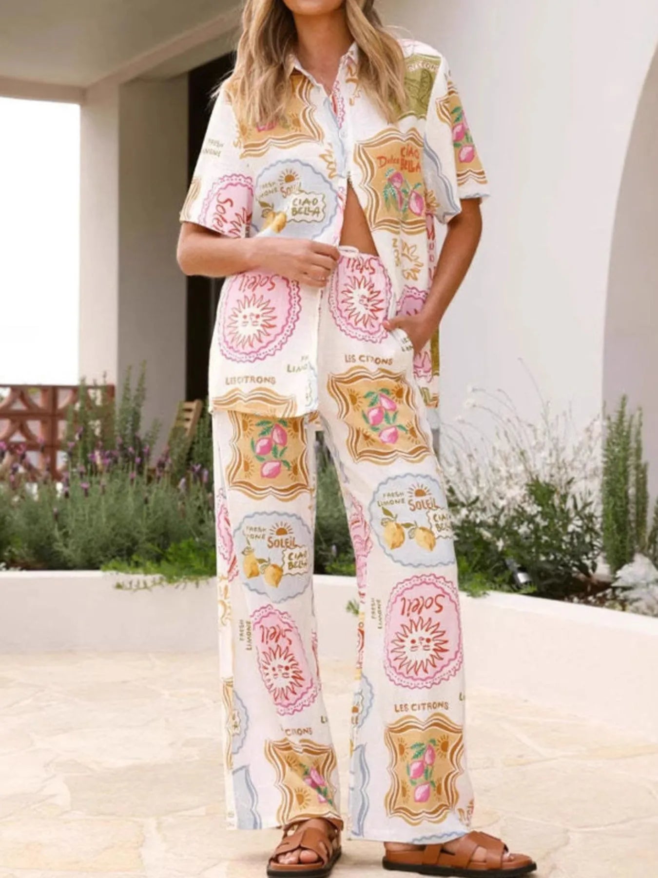 Printed Button Up Shirt and Pants Set Multicolor OutfitFlow