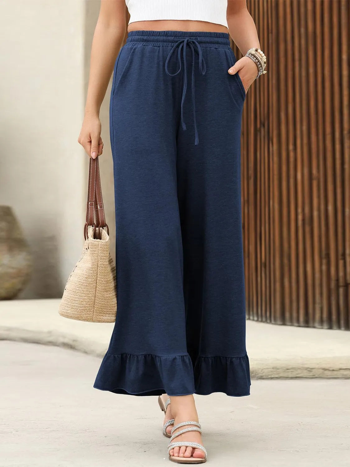 Ruffled Hem Wide Leg Pants Dark Blue OutfitFlow
