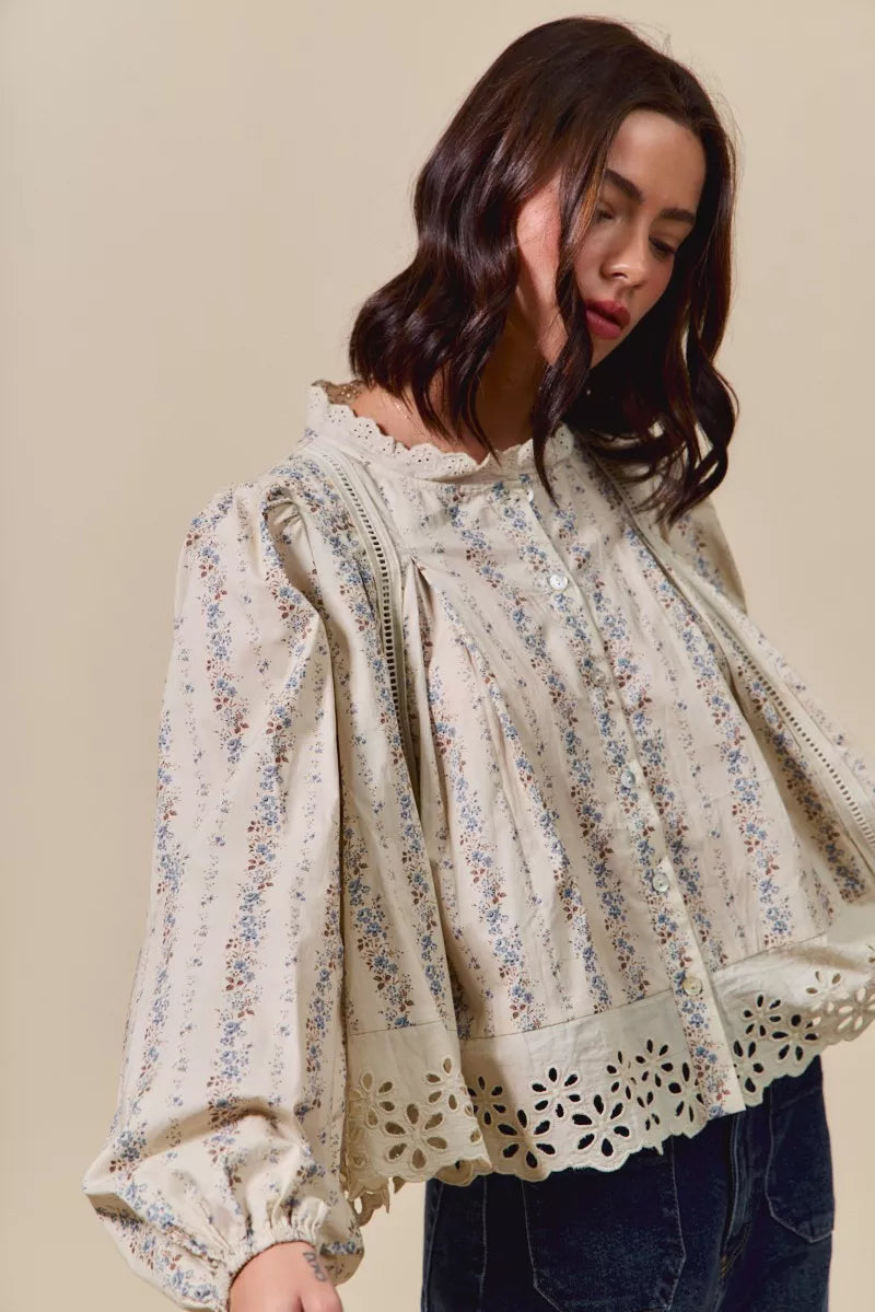SO ME Floral Print Lace Button Down Shirt OutfitFlow