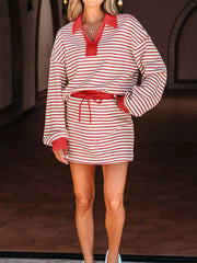 Stripe Collared V Neck Drop Shoulder Pullover and Skort 2pcs Outfit Trendsi