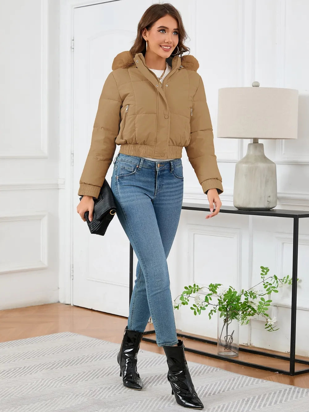 Pocketed Long Sleeve Cropped Hooded Winter Coat OutfitFlow