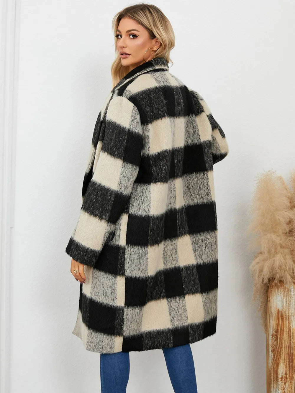 Plaid Double-Breasted Long Sleeve Coat Trendsi