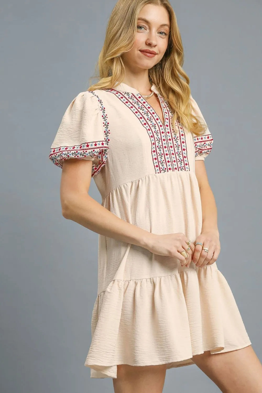 Umgee Floral Trim Puff Sleeve Mini Dress OutfitFlow