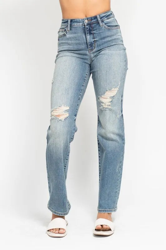 Judy Blue Full Size High Waist Distressed Dad Jean Plus Size MD OutfitFlow