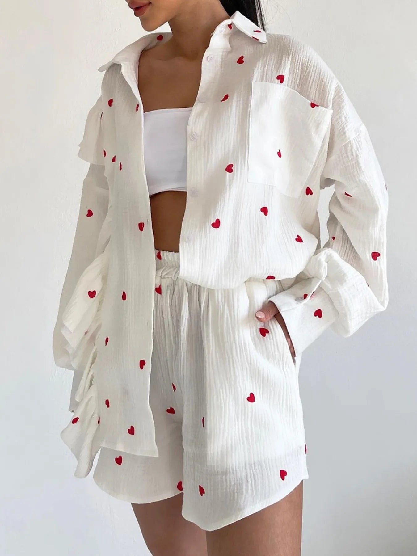 Colorful Heart Print Shirt and Shorts Set White Love OutfitFlow