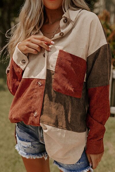 Color Block Curved Hem Corduroy Shacket with Pocket OutfitFlow