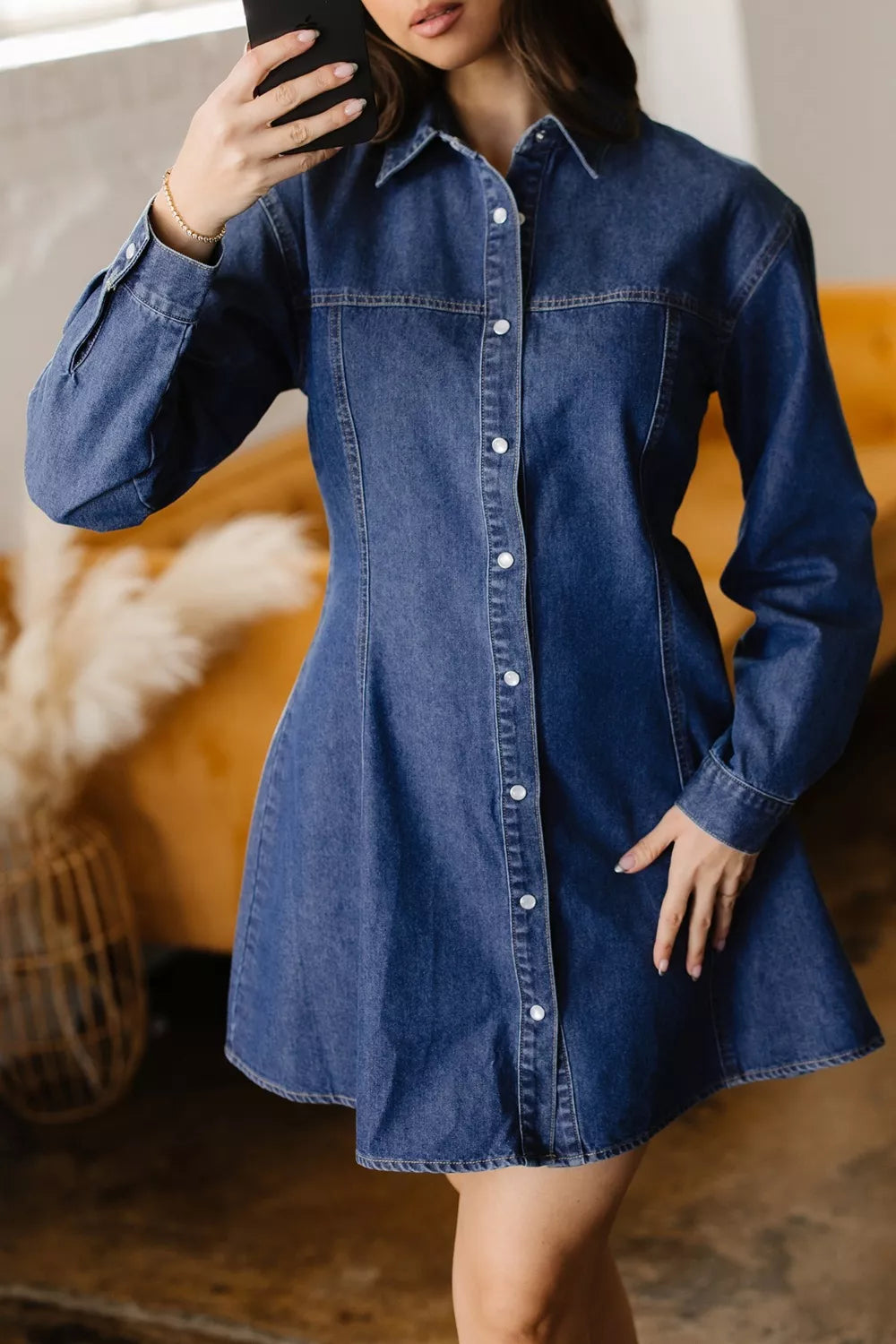 Denim Shirt Collar Long Sleeve Flared Mini Dress Trendsi