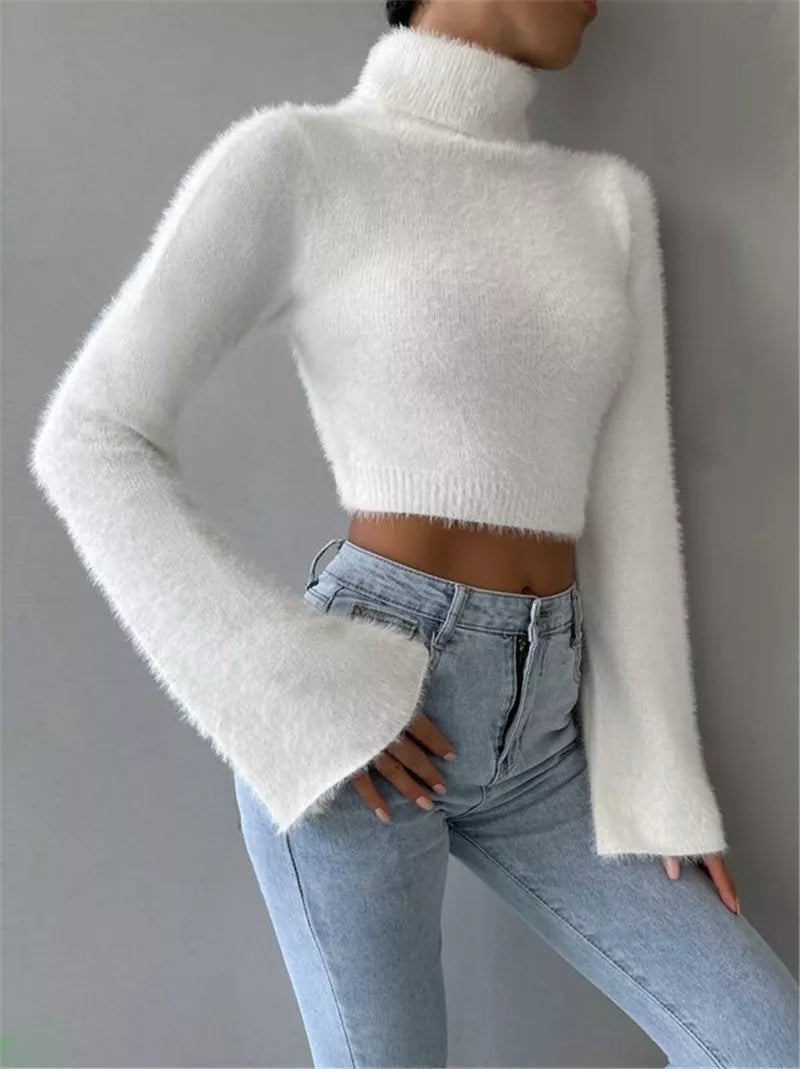 Fluffy Knit Turtleneck Bell Sleeve Cropped Sweater OutfitFlow
